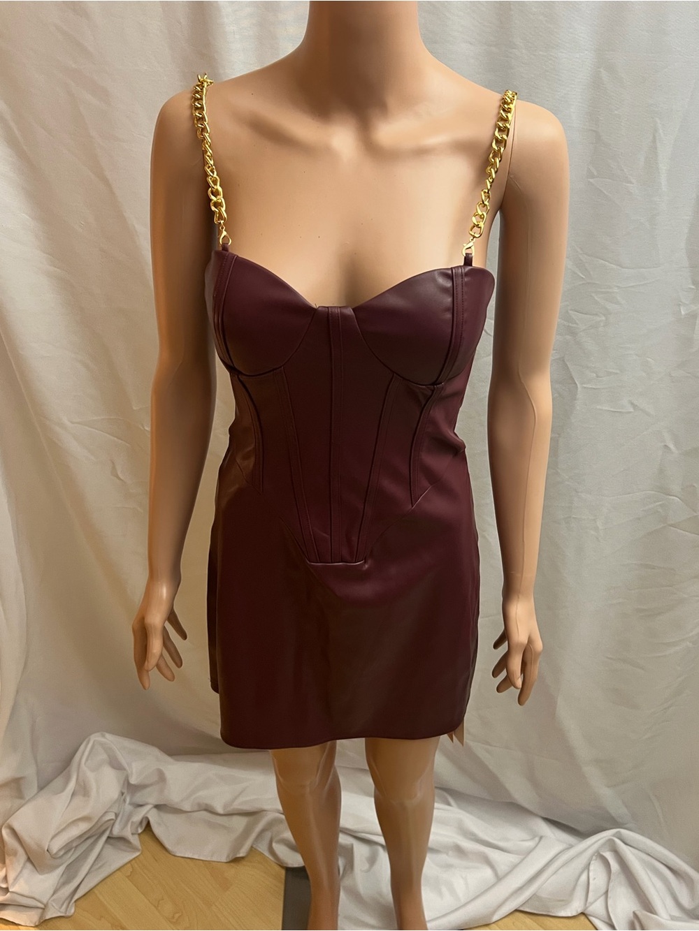 MICAS Burgundy Faux Leather Corset Mini Dress Gold Chain Straps Size S NWT